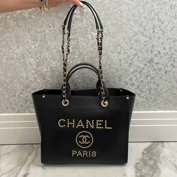CHANEL Handbags - Chanel Deauville Studded Logo Tote Bag